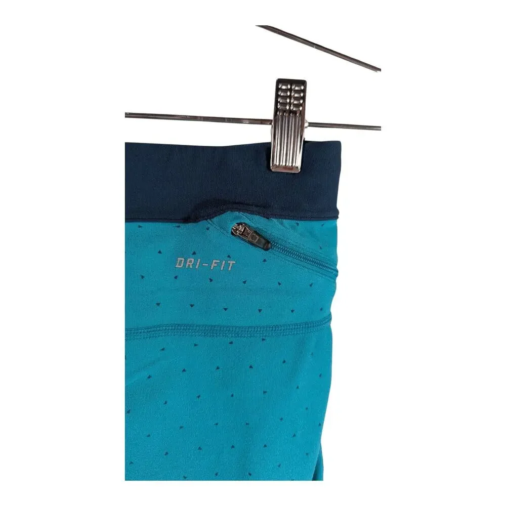 Nike Leggings Womens Small Aqua Drawstring Zip Pocket Yoga Capri Triangle Dots